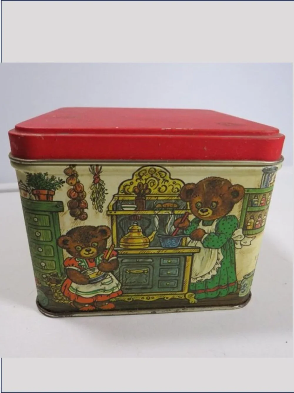 Vintage Teddy Bears in Kitchen Tin Container Square Holiday Metal Box Storage